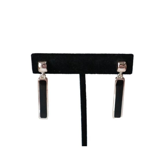 Vintage Pierced Earrings Dangle Black Onyx with Silver Toned Metal - Picture 1 of 4